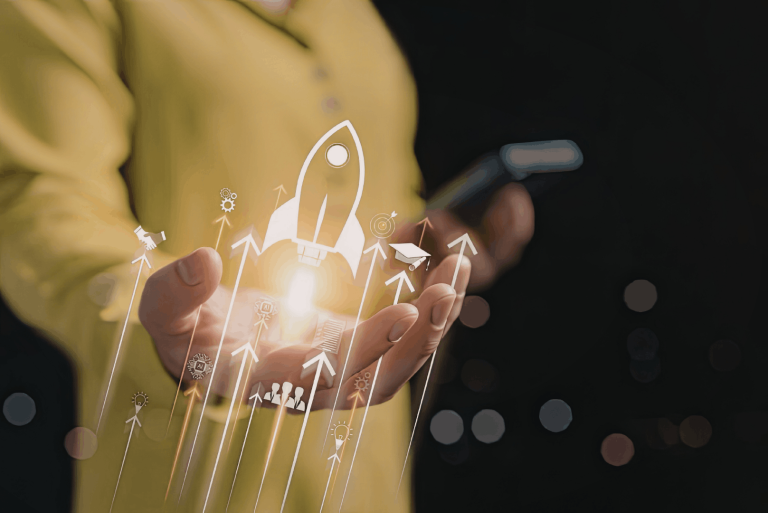 A man holding a launching rocket pulling up marketing services