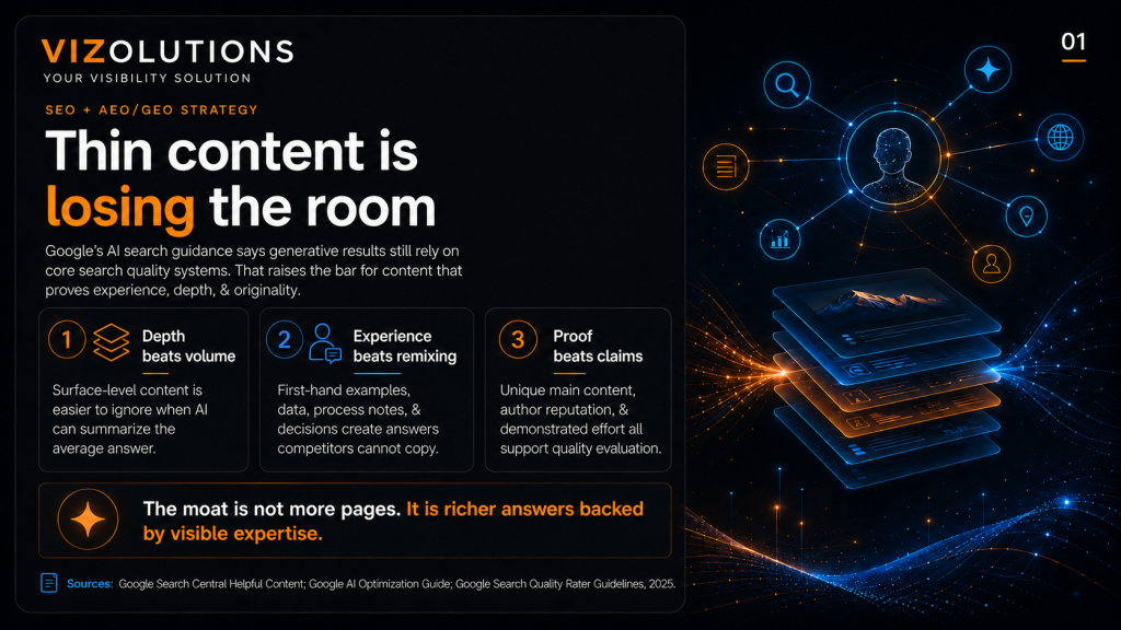 a graphic image depicting how thin content is no longer relevant for AI visibility in search
