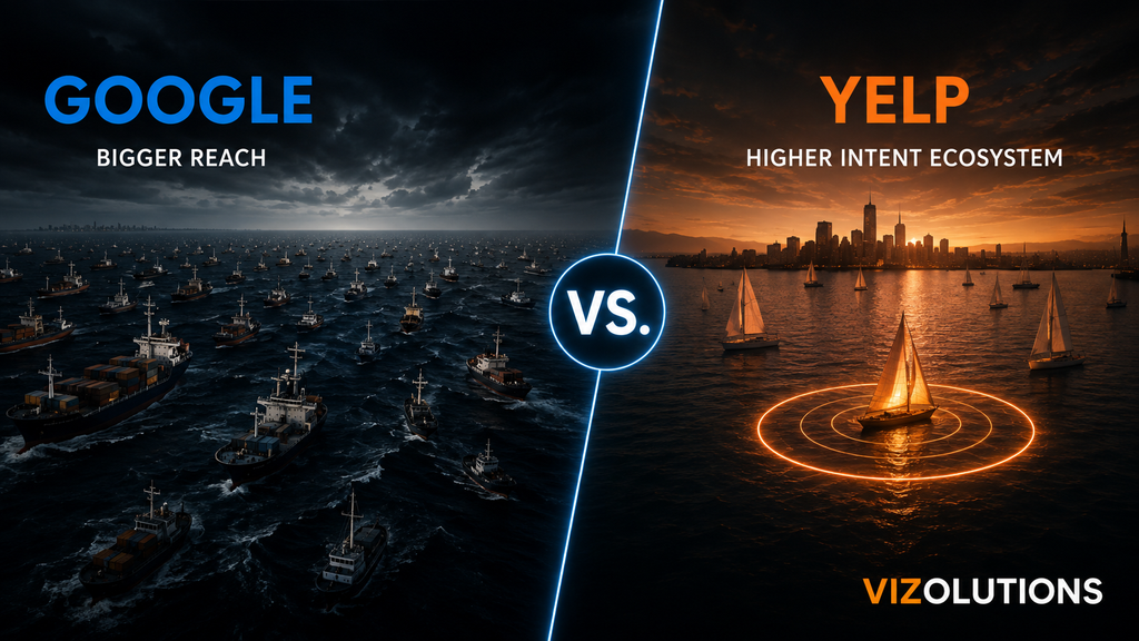 Google vs. Yelp advertising for lawyers showing Google’s broader reach compared with Yelp’s smaller, higher-intent legal audience