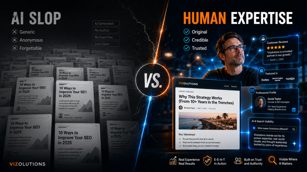 An image showing the difference between AI Slop and real human backed content with expertise.