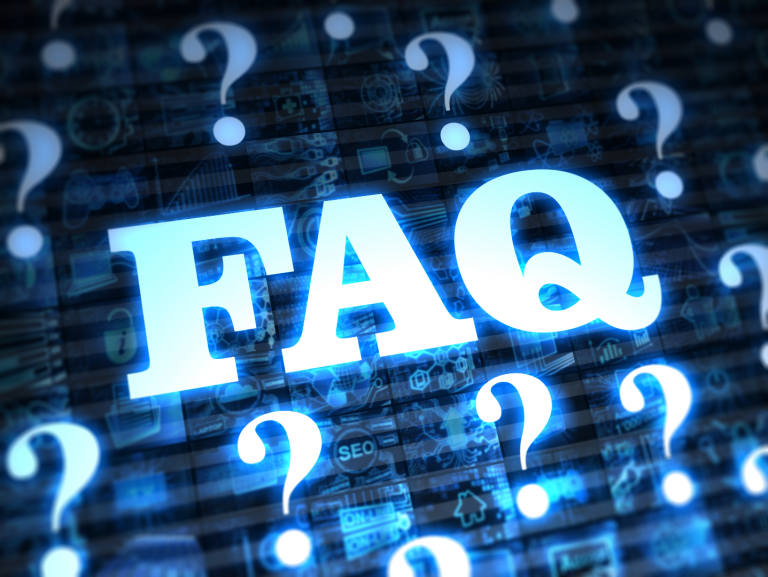 I blue picture that states FAQ and has question marks around it.